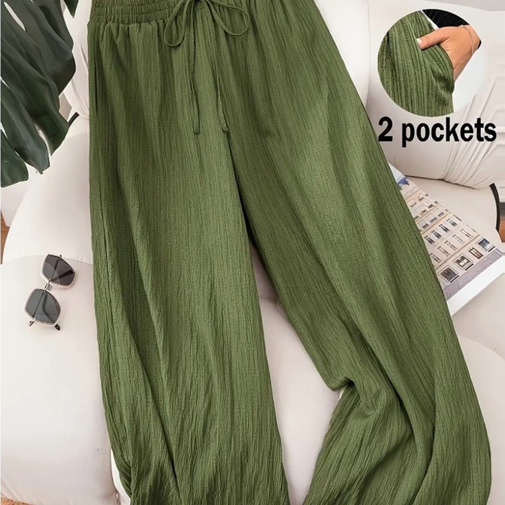 Olive Wide-Leg Drawstring Pants with Pockets - Unbranded